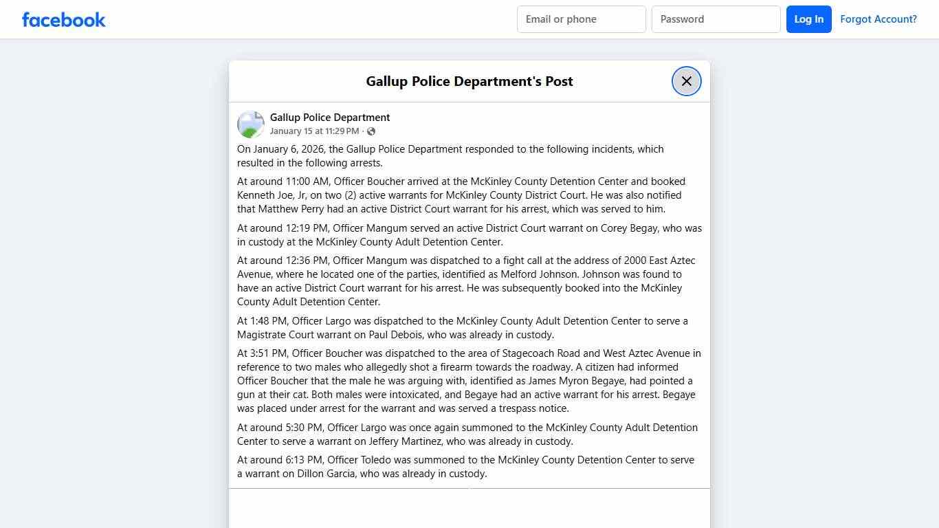 On January 6, 2026, the Gallup... - Gallup Police Department Facebook